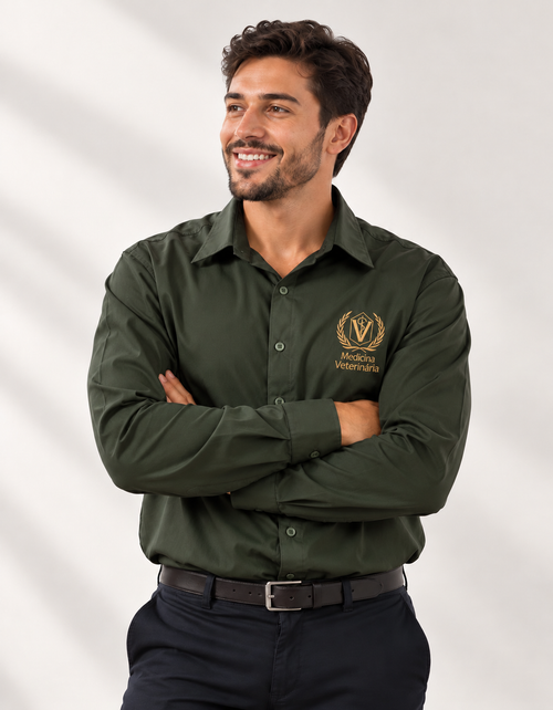 Camisa Social Masculina Bordada Verde- Musgo