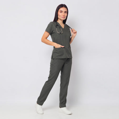 Conjunto Scrub Feminino Gola V Acinturado verde -musgo– costas