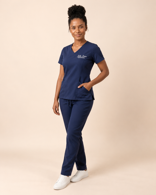 Conjunto Scrub Feminino Gola V Acinturado Azul-marinho