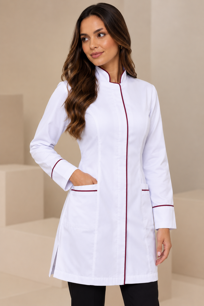 Jaleco Feminino Gola Padre com Detalhes em Bordô